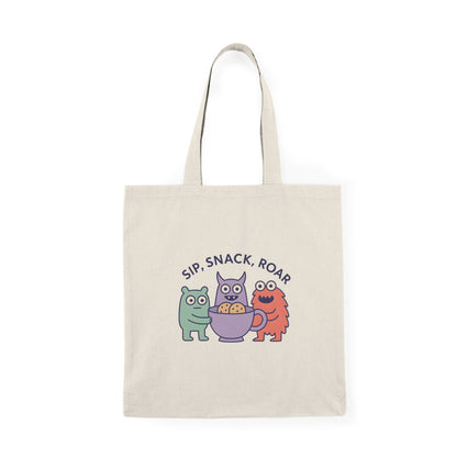 Cute Monster Tote Bag – Sip Snack Roar – Fun Kids Canvas Bag for Snacks & Playtime