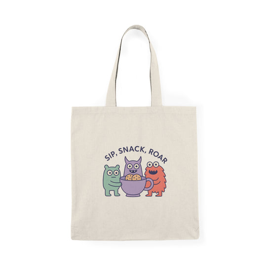 Cute Monster Tote Bag – Sip Snack Roar – Fun Kids Canvas Bag for Snacks & Playtime