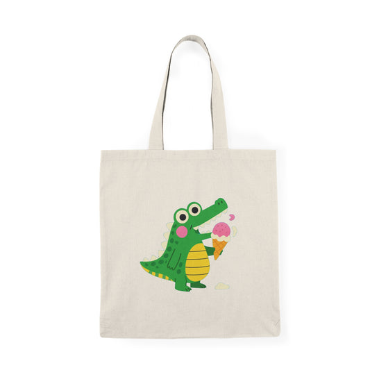 Cute Crocodile Eating Ice Cream Tote Bag – Funny Cartoon Animal Canvas Bag for Kids & Animal Lovers